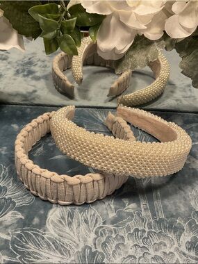 Zara Pearl & Braided Velvet Headband Set - Cream